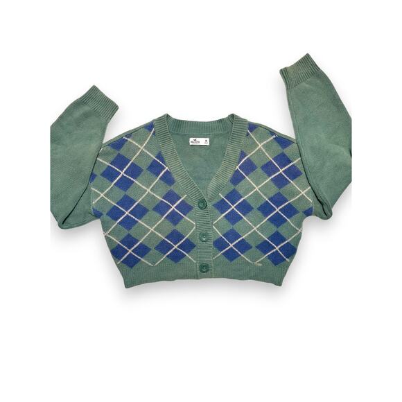 Y2k Hollister Argyle Knit Green/Blue Slight Crop Cardigan Sweater Size Medium - Picture 11 of 14
